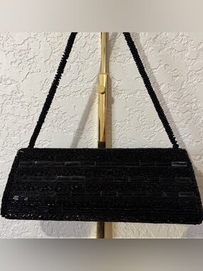 Bijoux Terner Beaded Black Evening Clutch with Beaded Strap